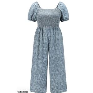 Shein NWOT  Blue Ditsy‎ Boho Floral Trendy Work/Vacation Wear Capri Jumpsuit 2X